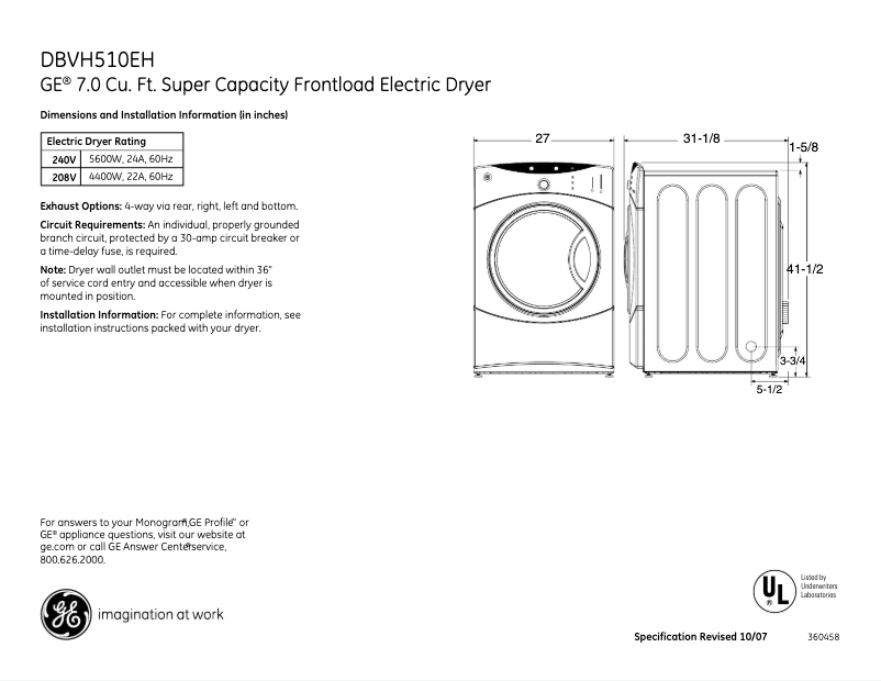 Page 1 de la notice Fiche technique GE DBVH510EHWW