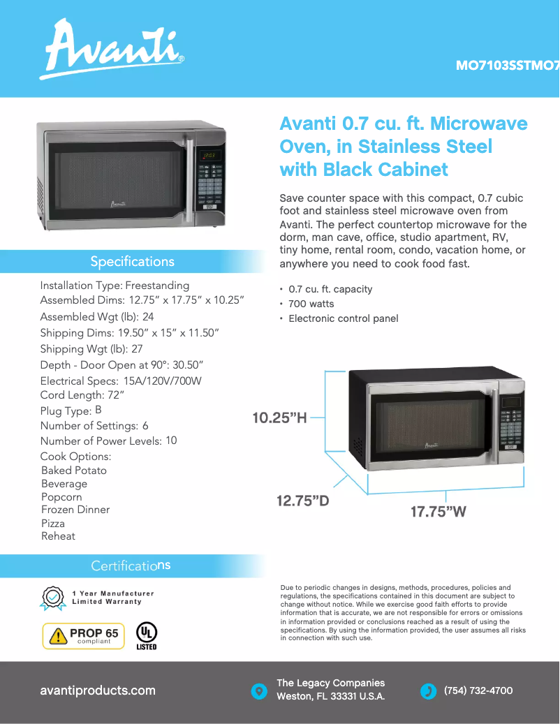 Page n°1 - Fiche technique Avanti MO7103SST