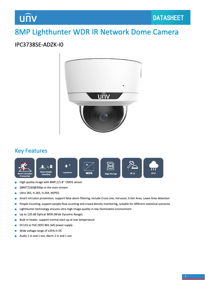 Page 1 de la notice Fiche technique UniView IPC3738SE-ADZK-I0