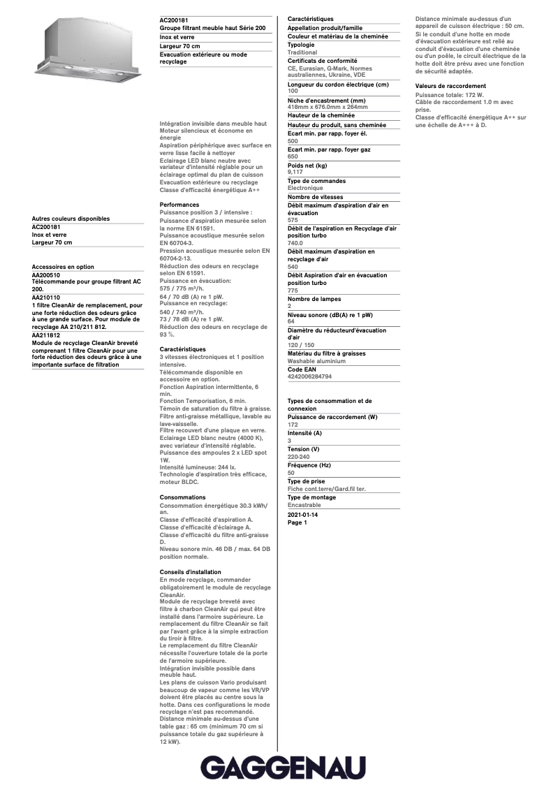 Page 1 de la notice Fiche technique Gaggenau AC200181