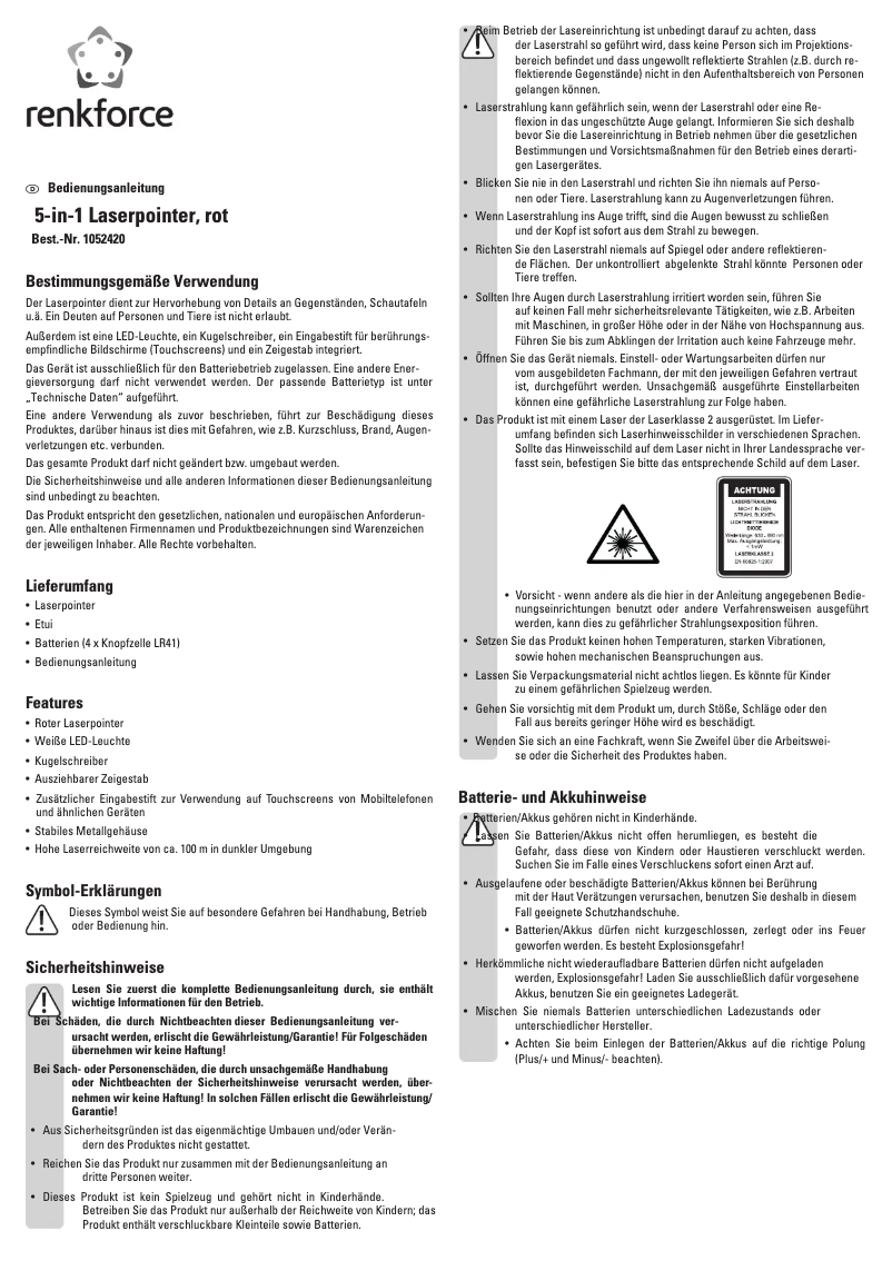 Page 1 de la notice Manuel utilisateur Renkforce 1052420