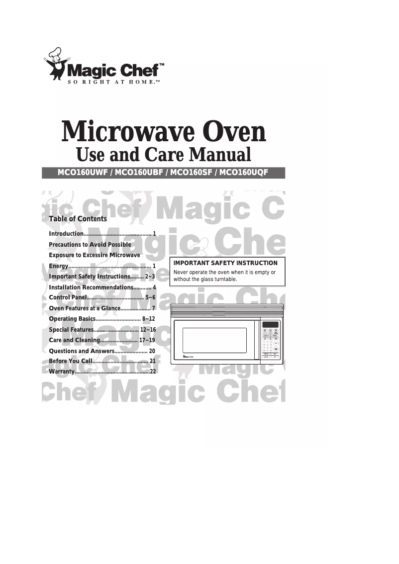 Page 1 de la notice Manuel utilisateur Magic Chef MCO160UBF