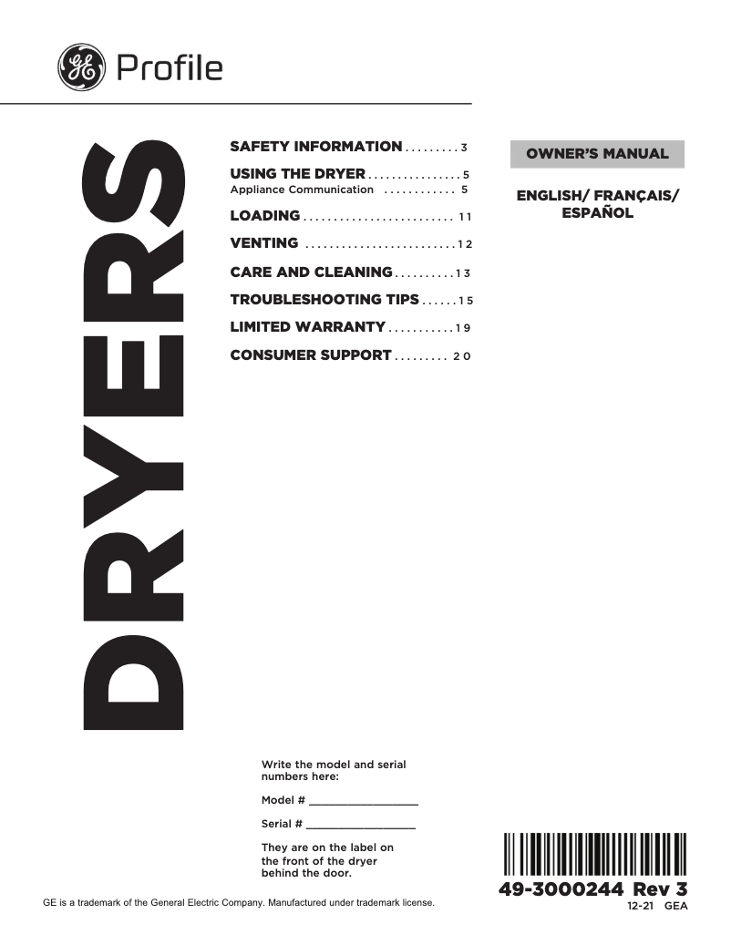 Page 1 de la notice Manuel d'utilisation et d'entretien GE Profile PTD70GBPTDG