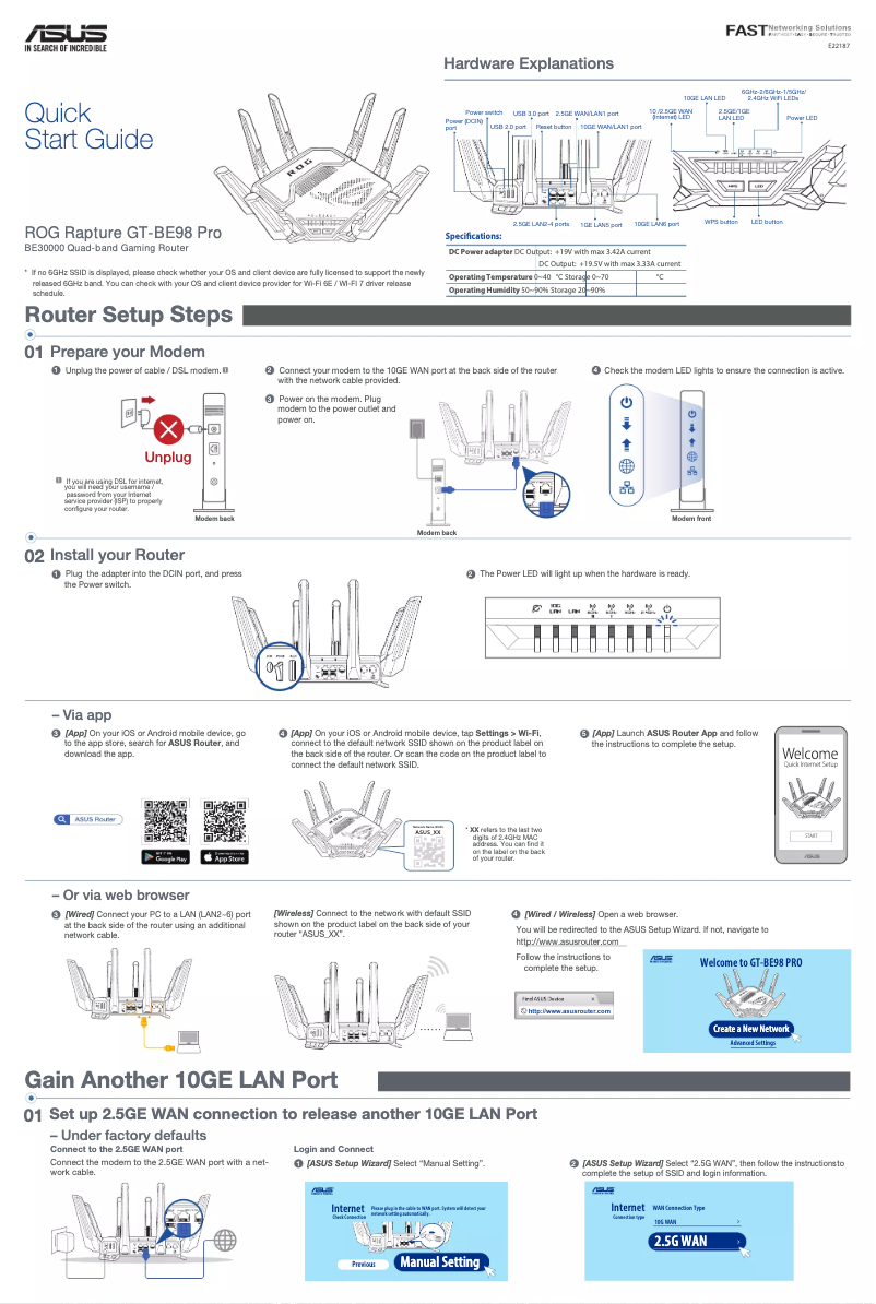 Page 1 de la notice Guide de démarrage rapide Asus ROG Rapture GT-BE98 Pro