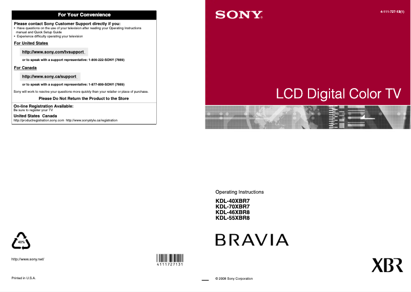 Image de la première page du manuel de l'appareil Bravia KDL-70XBR7