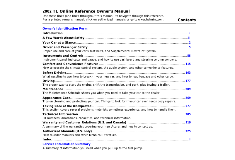 Page 1 de la notice Manuel utilisateur Acura TL (2002)
