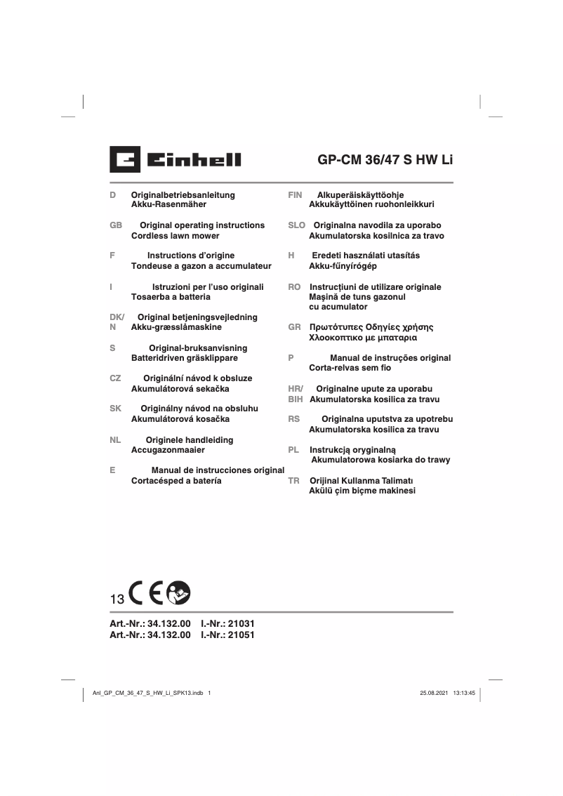 Page 1 de la notice Manuel utilisateur Einhell GP-CM 36/47 S HW Li