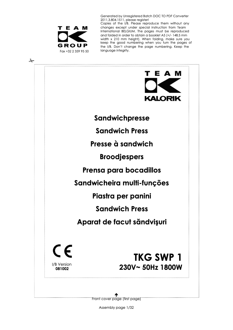 Page n°1 - Manuel utilisateur Kalorik TKG SWP 1