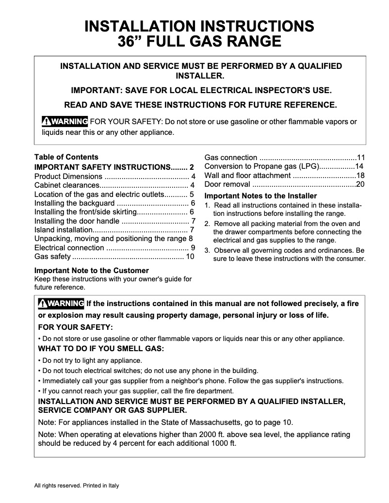 Page n°1 - Guide d'installation Frigidaire PCFG3670AF