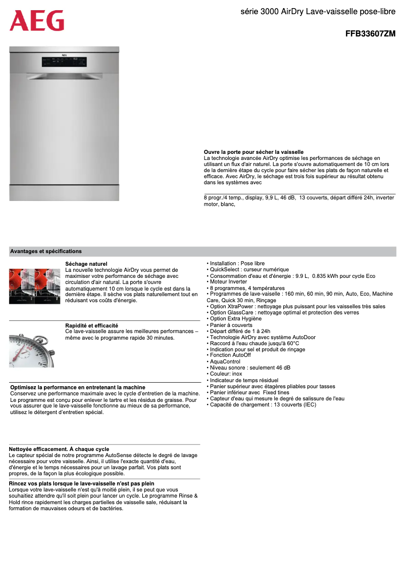 Page 1 de la notice Fiche technique AEG FFB33607ZM
