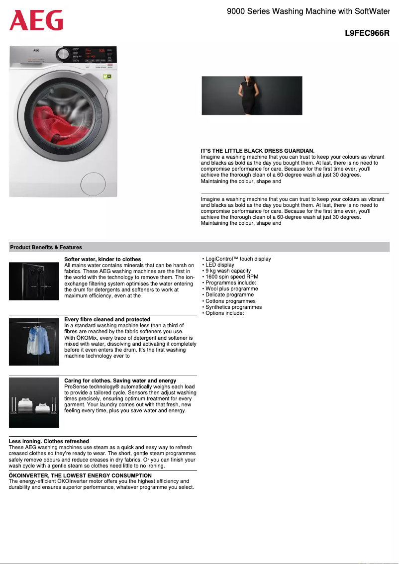 Page 1 de la notice Fiche technique AEG L9FEC966R