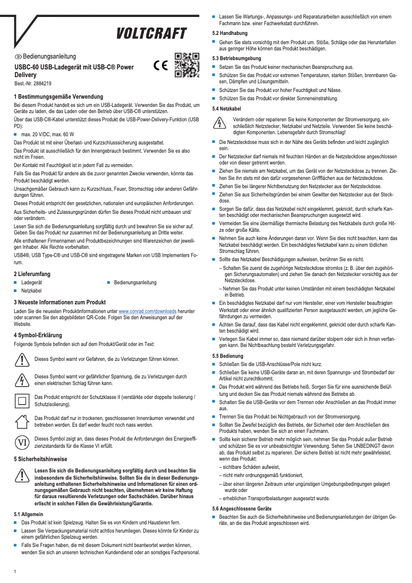 Page 1 de la notice Manuel utilisateur Voltcraft USBC-60