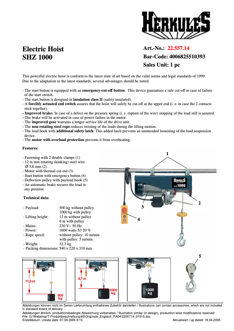 Página 1 del manual Ficha técnica Herkules SHZ 1000