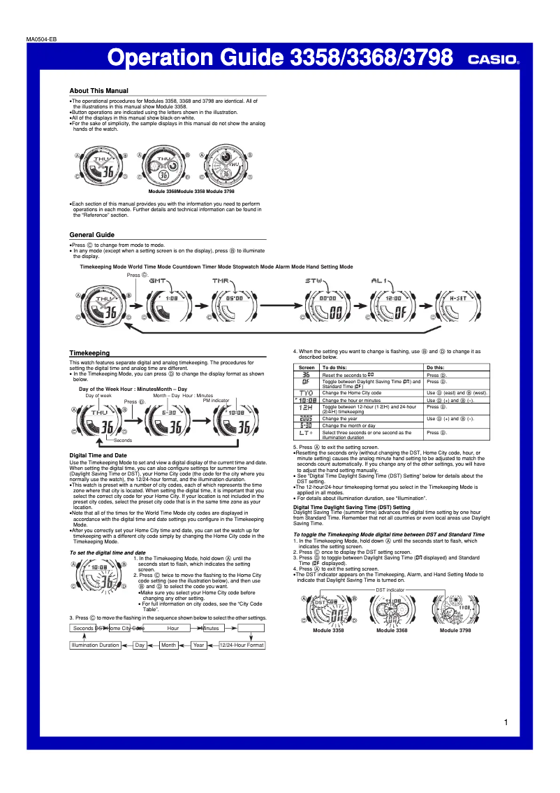 Page 1 de la notice Manuel utilisateur Casio AQ-163W-1B1VEF