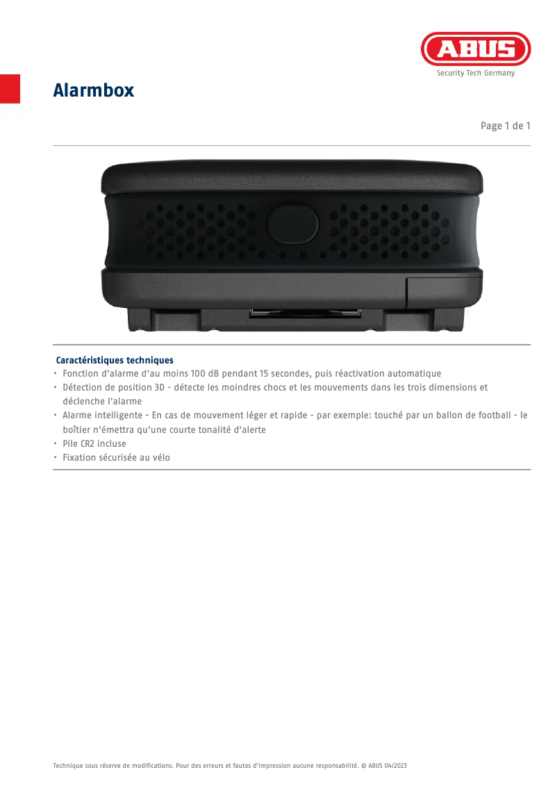 Page 1 de la notice Fiche technique Abus Alarmbox