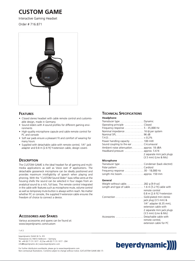 Page n°1 - Fiche technique Beyerdynamic Custom Game