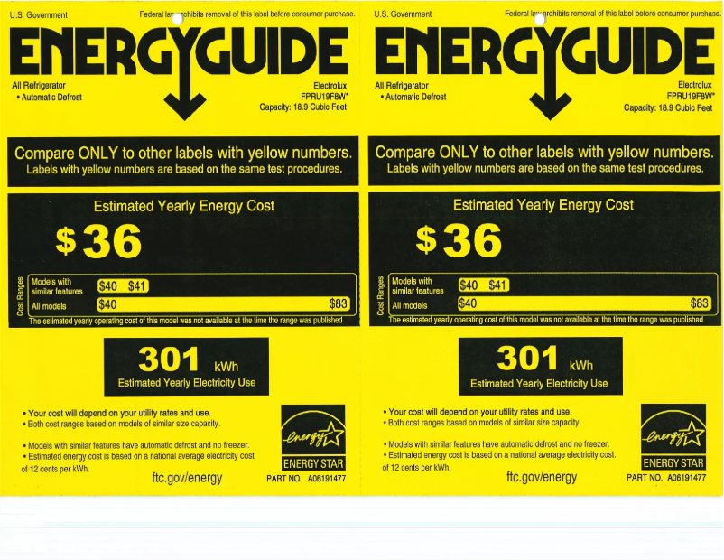 Página 1 del manual Etiqueta energética Frigidaire FPRU19F8WF