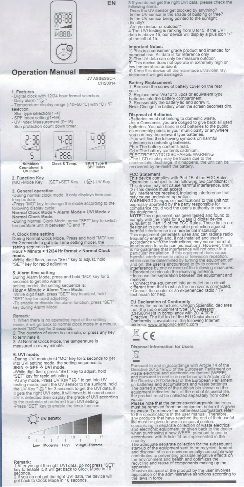 Page 1 de la notice Manuel utilisateur Oregon Scientific CHS0014