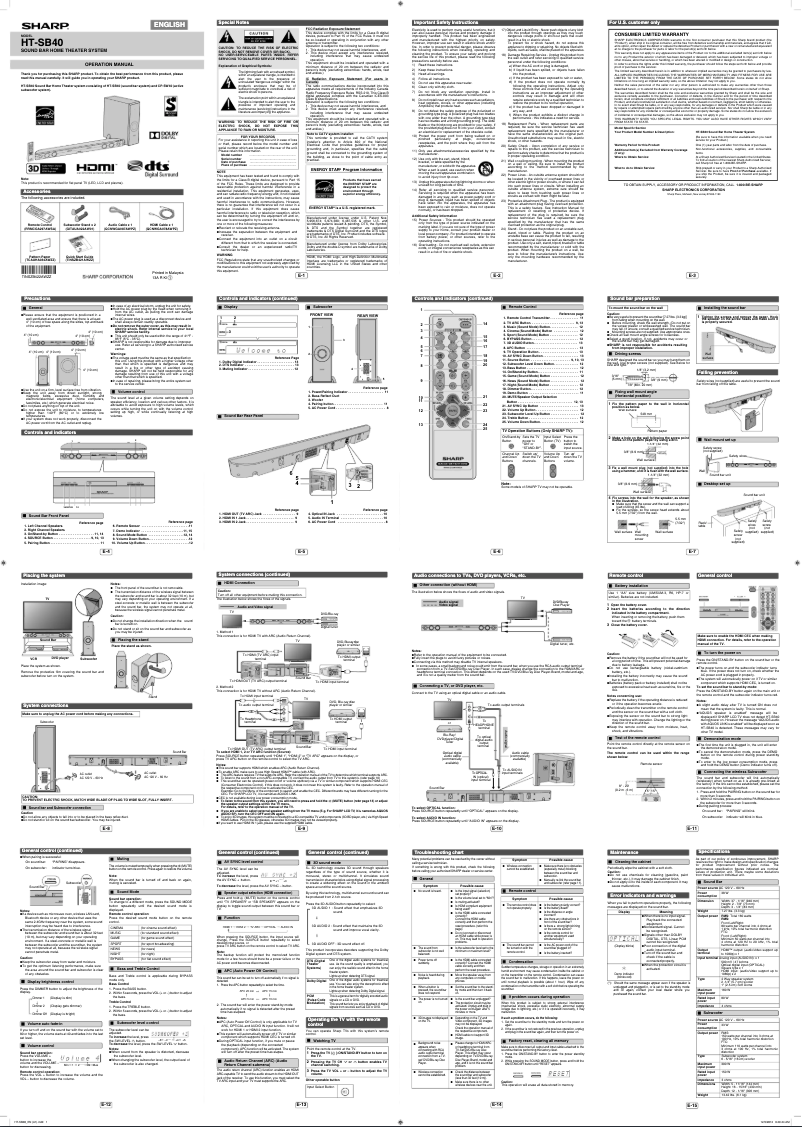 Page 1 de la notice Manuel utilisateur Sharp HT-SB40