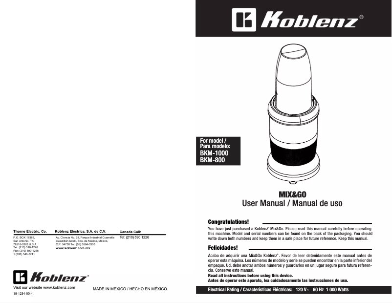 Page 1 de la notice Manuel utilisateur Koblenz MIX&GO BKM-800