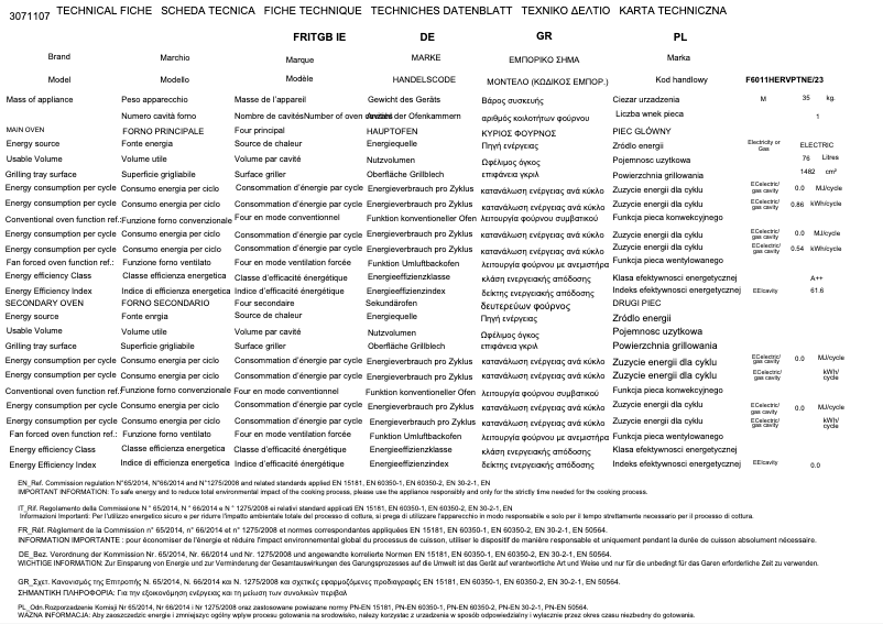 Page 1 de la notice Fiche technique Bertazzoni F6011HERVPTNE