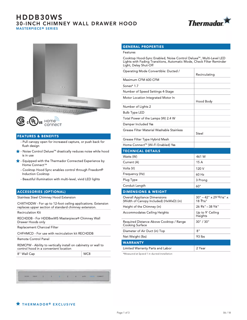 Page n°1 - Fiche technique Thermador HDDB30WS