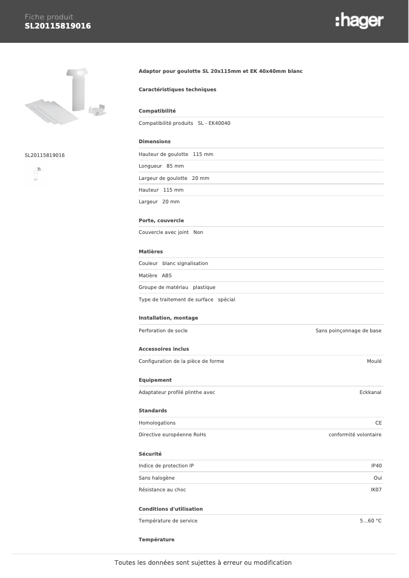 Page 1 de la notice Fiche technique Hager SL20115819016