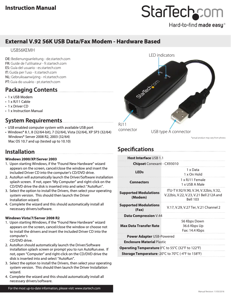 Page n°1 - Manuel utilisateur StarTech.com USB56KEMH
