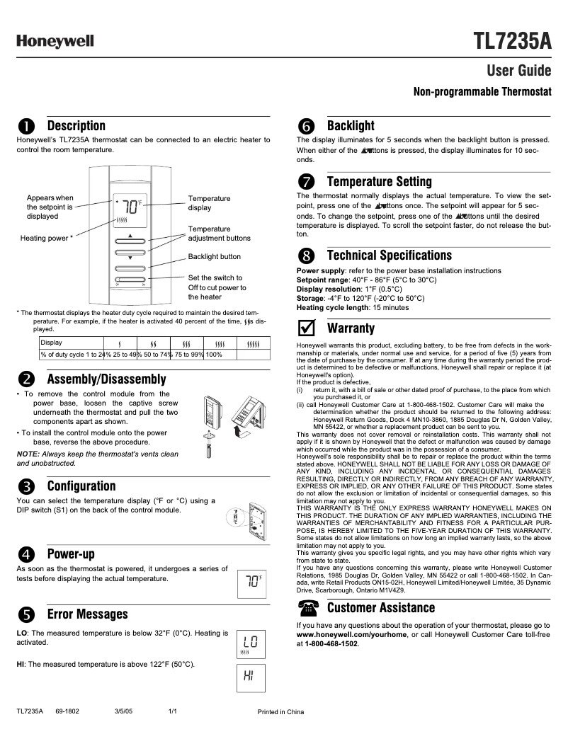 Page 1 de la notice Manuel utilisateur Honeywell TL7235A