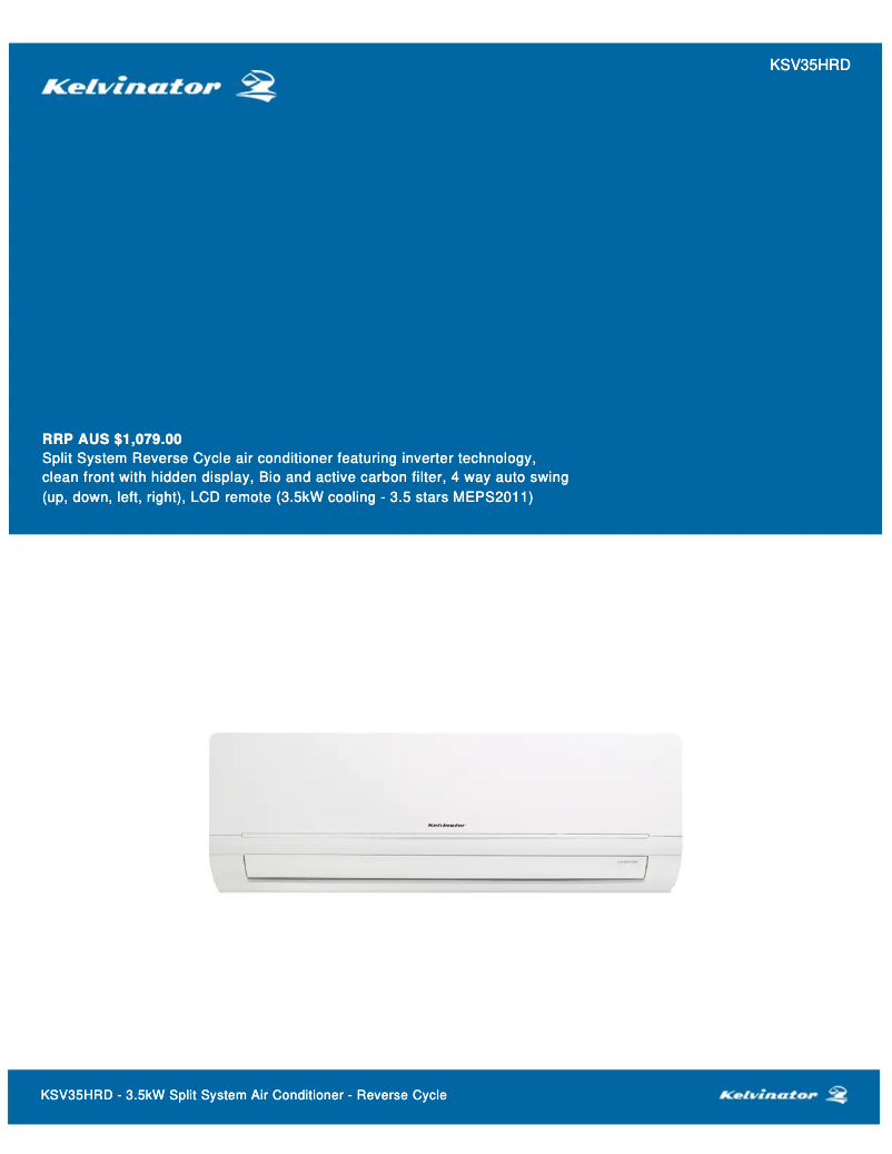 Page 1 de la notice Fiche technique Kelvinator KSV35HRD