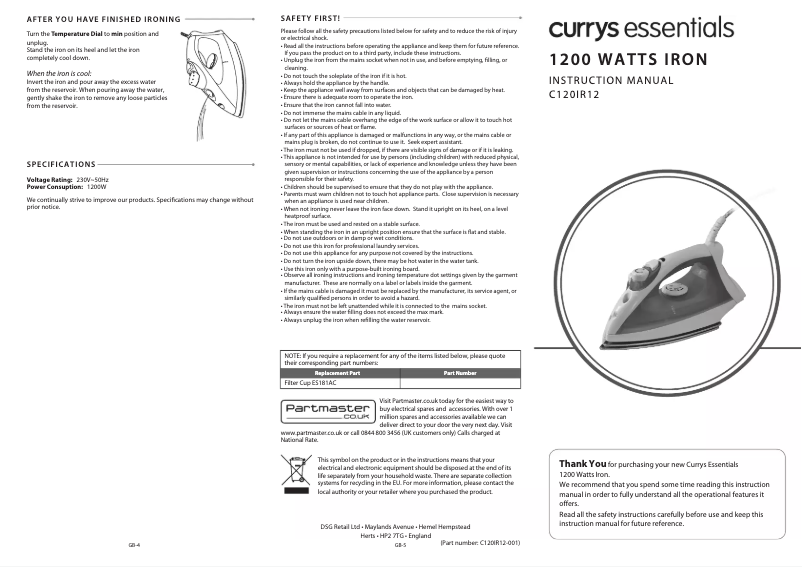 Page 1 de la notice Manuel utilisateur Currys Essentials C120IR12