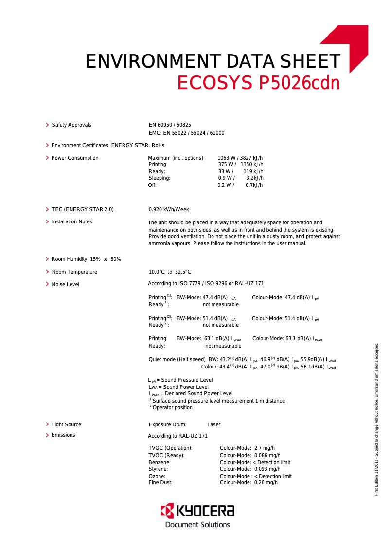 Page n°1 - Fiche technique Kyocera ECOSYS P5026cdn/KL3