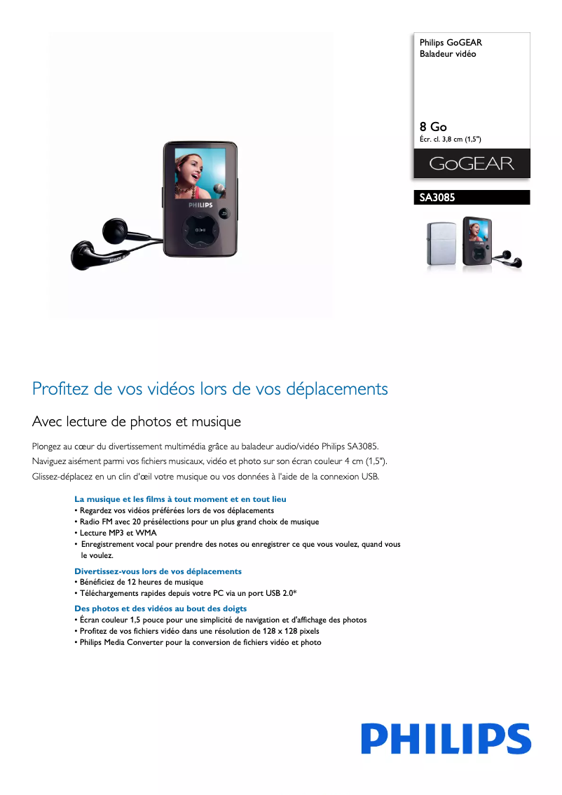 Página 1 del manual Ficha técnica Philips GoGear SA3085