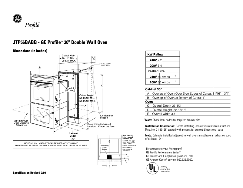 Page 1 de la notice Fiche technique GE Profile JTP56BABB