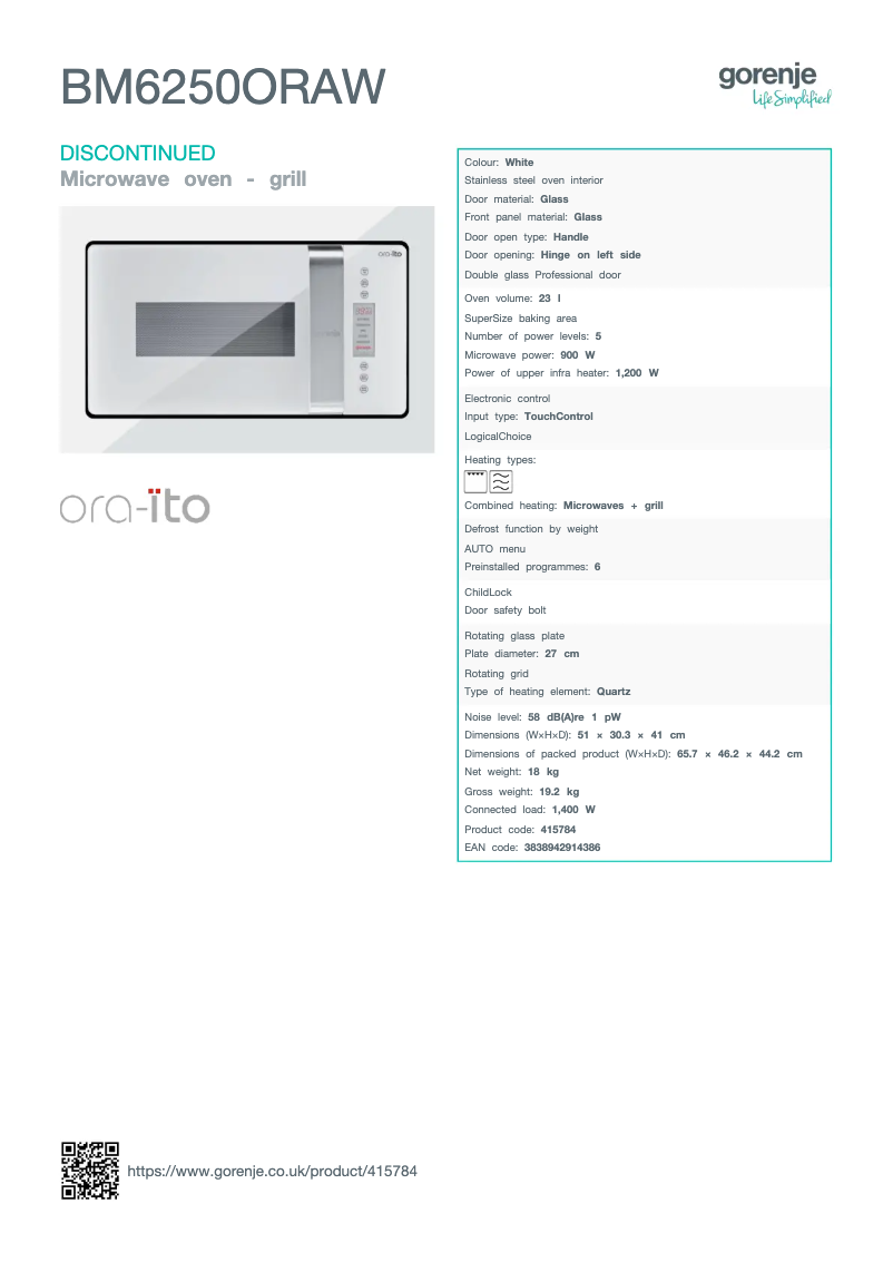 Page 1 de la notice Fiche technique Gorenje BM6250ORAW