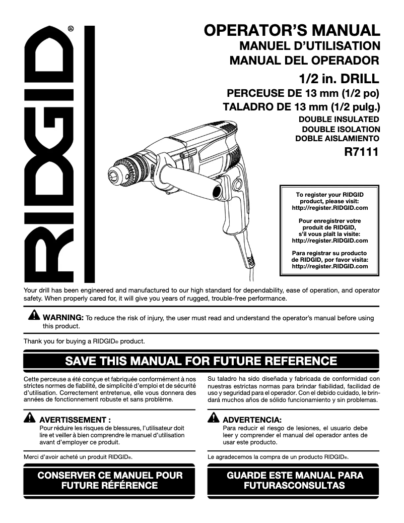 Page 1 de la notice Manuel utilisateur Ridgid R7111