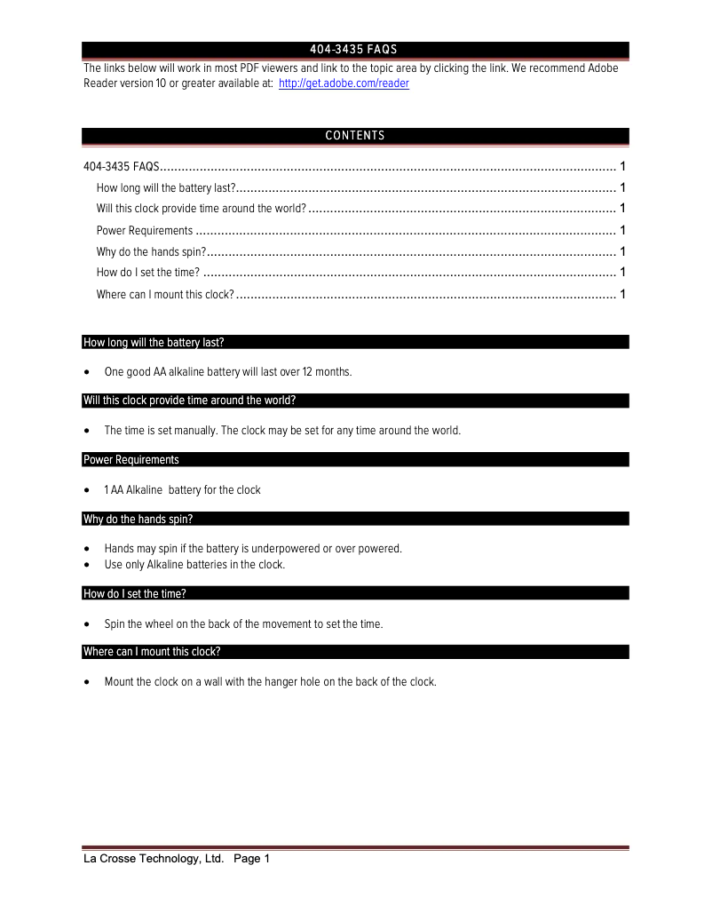 Page 1 de la notice FAQ La Crosse Technology 404-3435