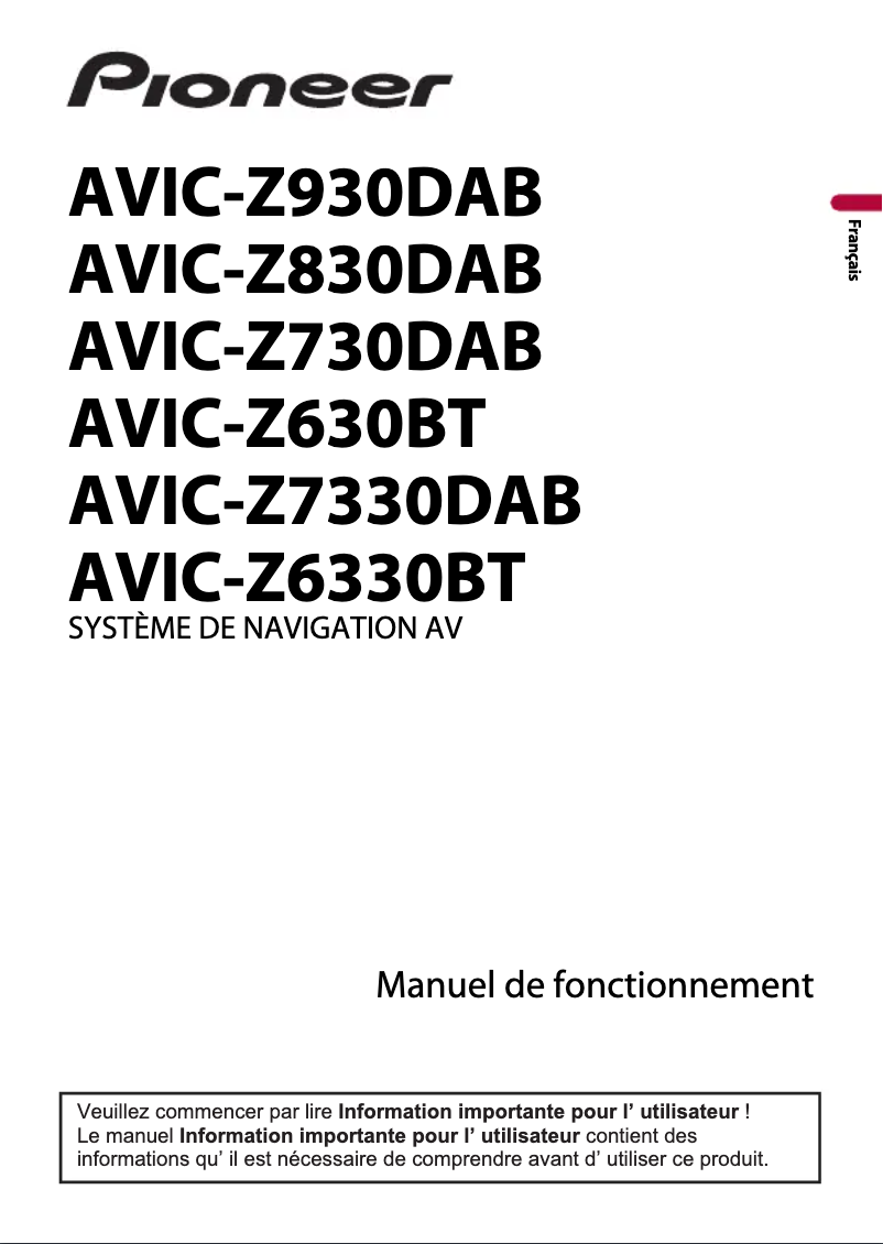 Page 1 de la notice Manuel utilisateur Pioneer AVIC-Z630BT