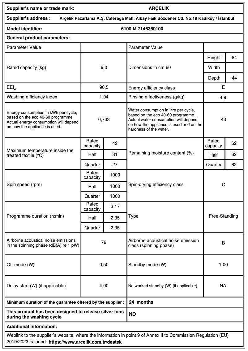 Page n°1 - Fiche technique Arçelik 6100 M