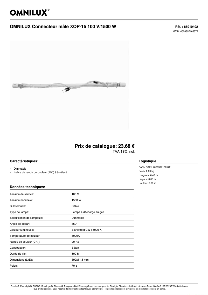 Page 1 de la notice Fiche technique Omnilux XOP-15