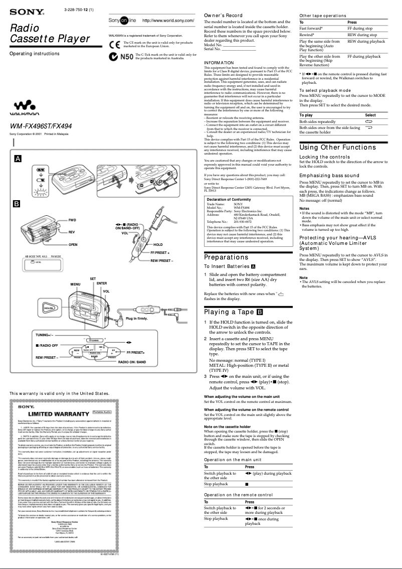 Page n°1 - Manuel utilisateur Sony Walkman WM-FX496ST