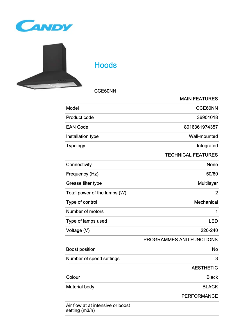 Page 1 de la notice Fiche technique Candy CCE60NN