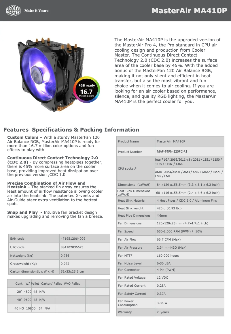 Page 1 de la notice Manuel utilisateur Cooler Master MasterAir MA410P