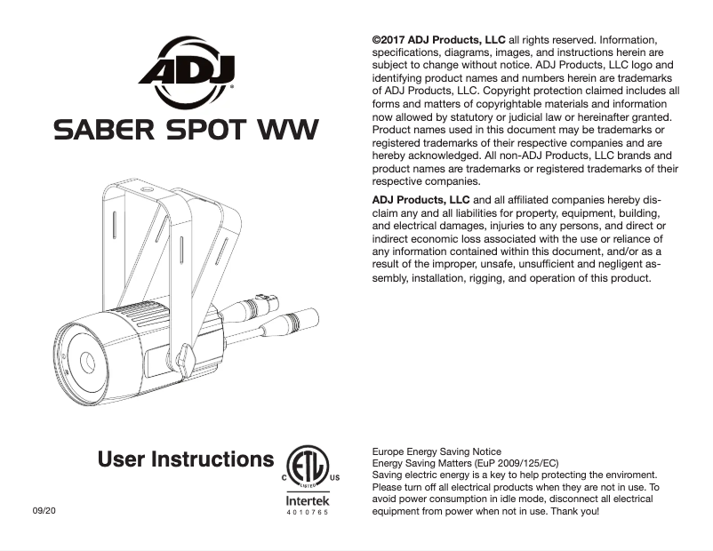 Image de la première page du manuel de l'appareil Saber Spot WW