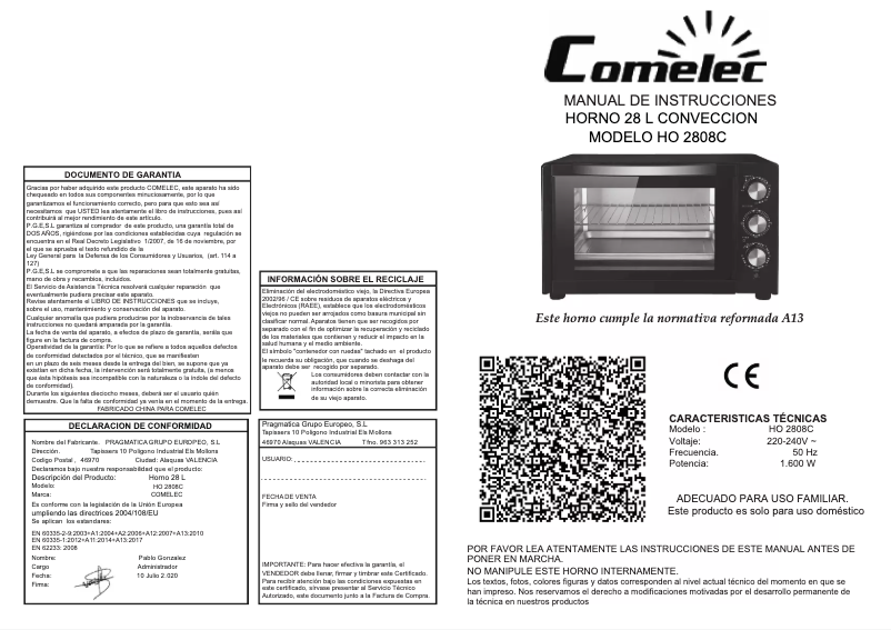 Page n°1 - Manuel utilisateur Comelec HO 2808 C