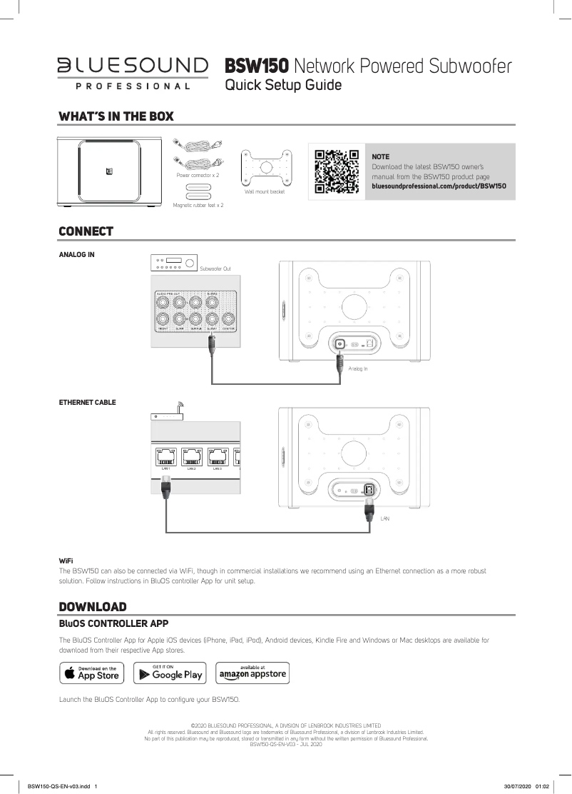 Page 1 de la notice Guide de démarrage rapide Bluesound BSW150