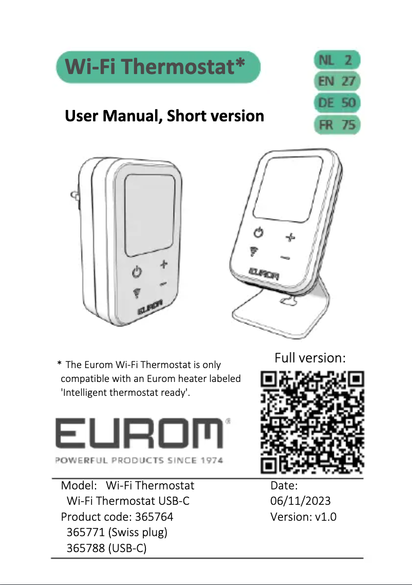 Page 1 de la notice Manuel utilisateur Eurom Wifi Thermostat USB-C