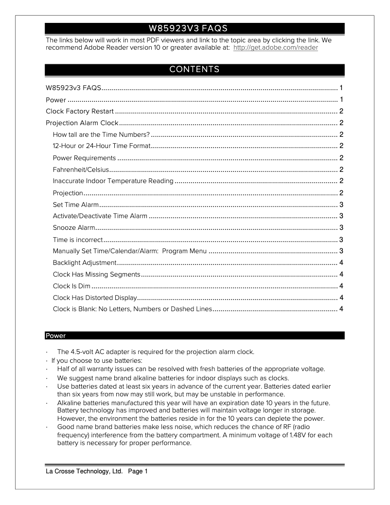 Page 1 of the manual FAQ La Crosse Technology W85923V3