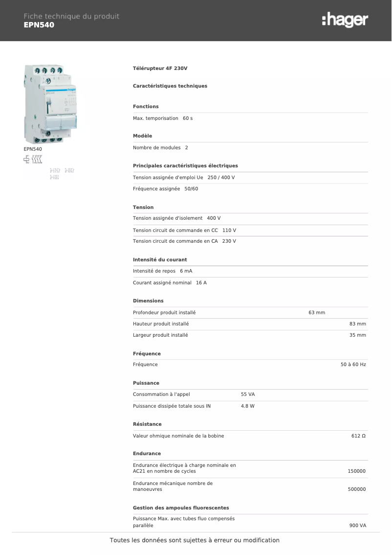 Page n°1 - Fiche technique Hager EPN540
