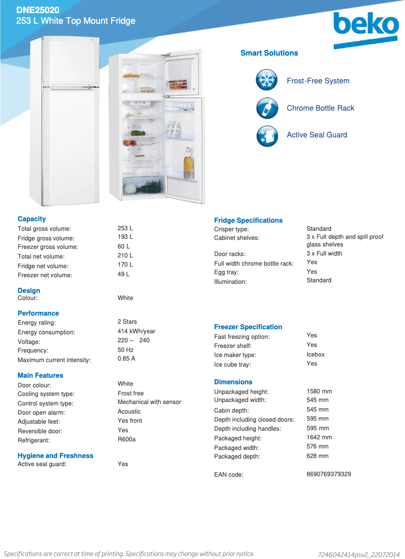 Page 1 de la notice Fiche technique Beko DNE25020